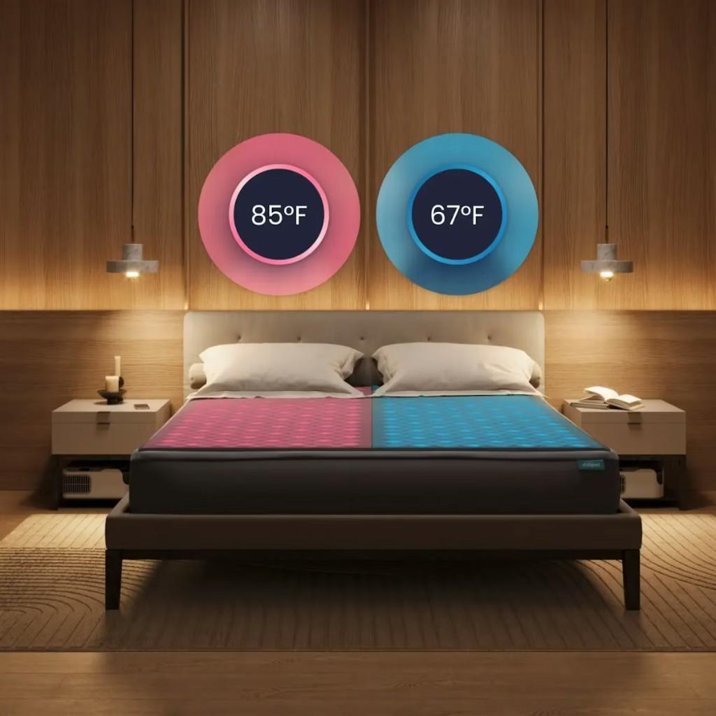 ChiliSleep lifestyle scene: bed with dual-zone temperature visualization (warming and cooling) in a modern bedroom with wood-paneled wall and bedside lighting.