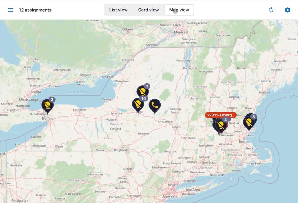MOD map view of the Northeast with clustered assignment markers.