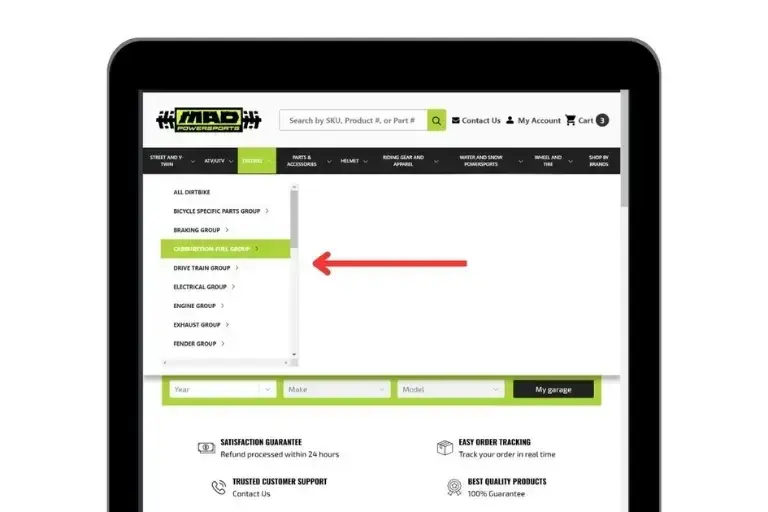 MAD Powersports homepage on a laptop with black category bar, lime Year Make Model strip, and large visual shop-by-category tiles.
