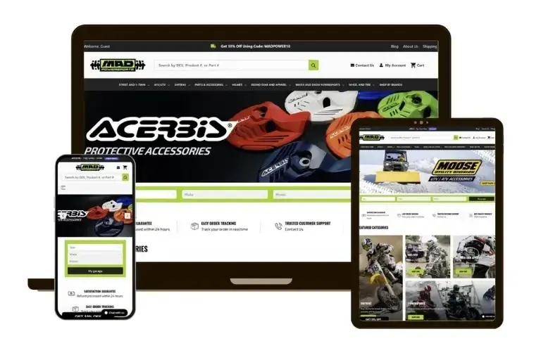 MAD Powersports BigCommerce storefront on laptop, tablet, and phone showing promos, search, navigation, and Year Make Model tools.