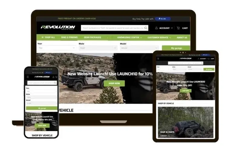 Revolution Gear site shown on laptop, tablet, and phone with consistent navigation and green CTAs.