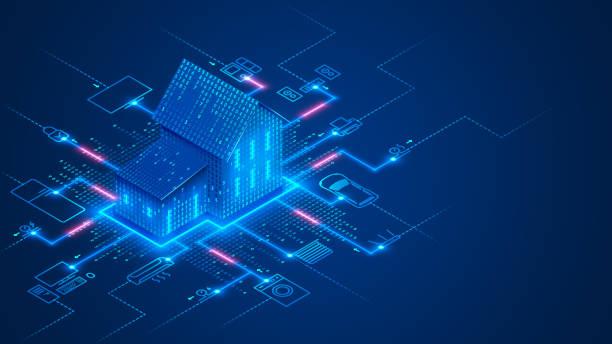 Isometric connected-home illustration: binary-pattern house with neon network lines and smart-device icons; AMI and IoT operations at the premise.