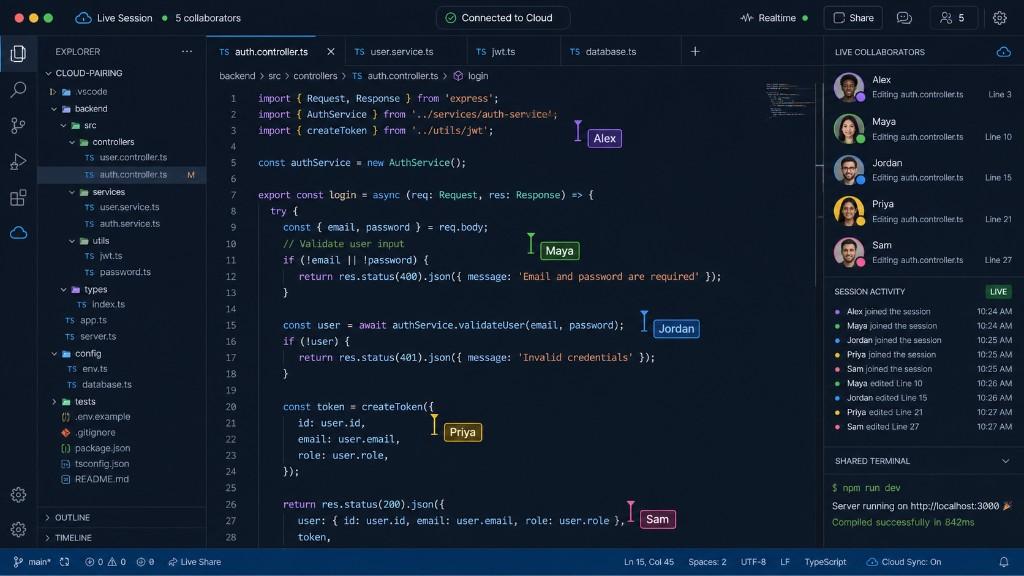 Collaborative coding session in a dark IDE: multiple live cursors on TypeScript, live collaborators panel, session activity, and shared terminal, illustrating real-time multi-user product work.