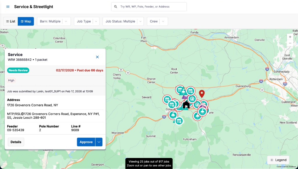 Service & Streetlight supervisor map with terrain and job markers; job summary card with Approve and feeder / pole context.
