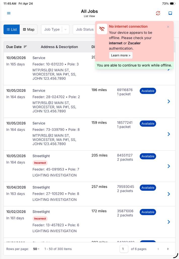 All Jobs on iPad with offline connectivity banner and confirmation that crews can continue working.