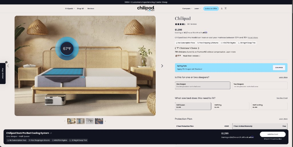 Chilipad Dock Pro product detail page on sleep.me with price, financing, configurator options, and add to cart.
